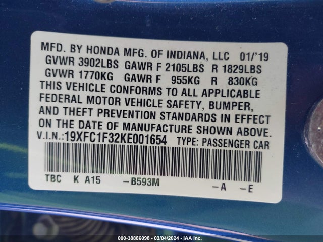 Honda CIVIC EX 2019 19XFC1F32KE001654 Image 9
