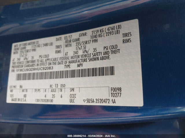 Ford ESCAPE SE 2017 1FMCU9GD9HUC92083 Image 9