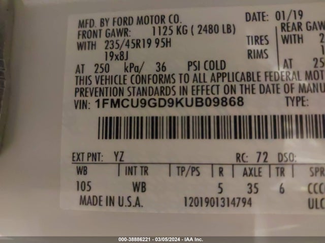Ford ESCAPE SE 2019 1FMCU9GD9KUB09868 Image 9
