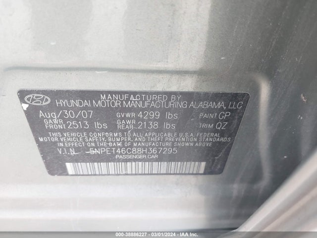 2008 HYUNDAI SONATA GLS VIN: 5NPET46C88H367295