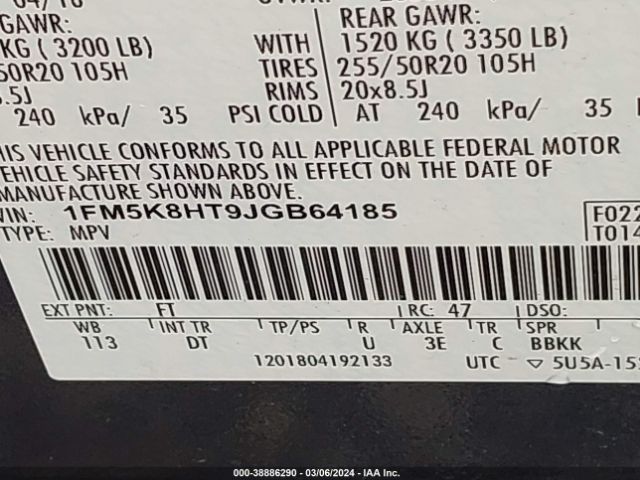 1FM5K8HT9JGB64185 Ford Explorer Platinum