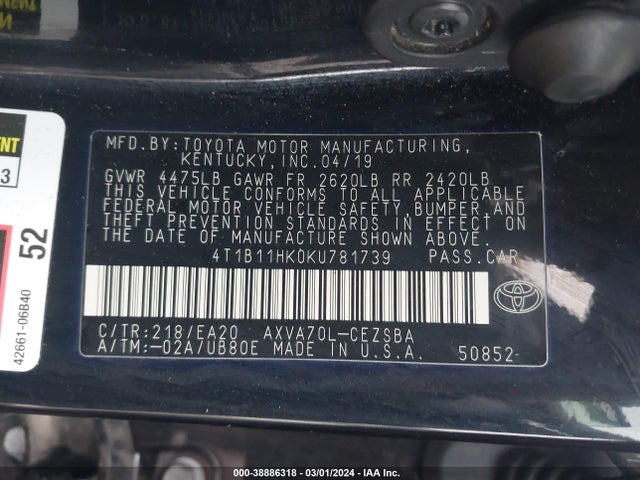 Toyota CAMRY SE 2019 4T1B11HK0KU781739 Image 9