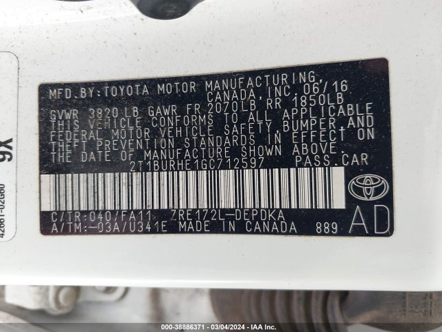 Toyota COROLLA L 2016 2T1BURHE1GC712597 Image 9