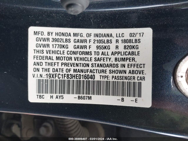 Honda Civic Ex-l 2017 19XFC1F83HE016040 Image 9