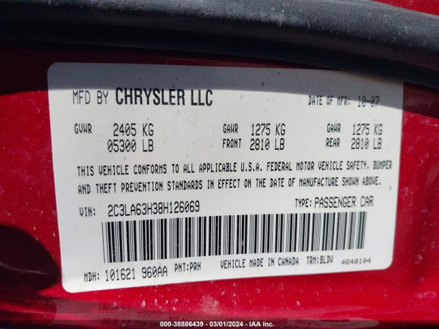 Aukcja sprzedaży 2008 Chrysler 300c Hemi, vin: 2C3LA63H38H126069, numer aukcji: 38886439