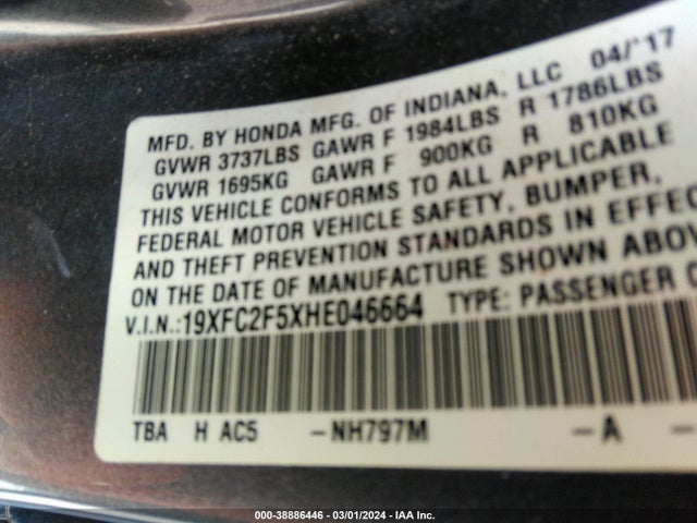 Honda Civic Lx 2017 19XFC2F5XHE046664 Image 9