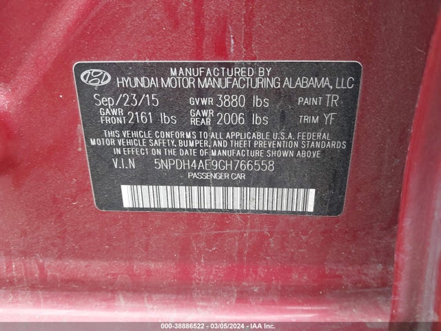 Hyundai ELANTRA SE 2016 5NPDH4AE9GH766558 Image 9