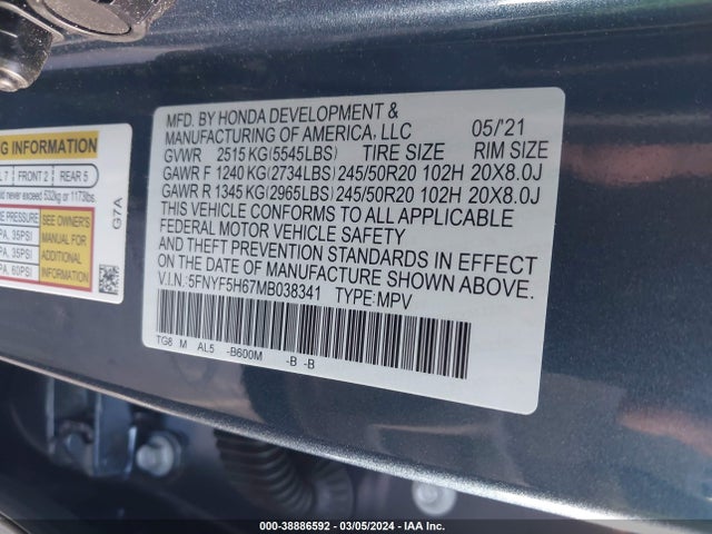 Honda Pilot 2wd Touring 7 Passenger 2021 5FNYF5H67MB038341 Image 9