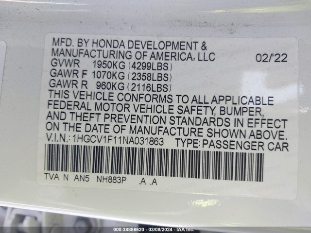 Honda ACCORD LX 2022 1HGCV1F11NA031863 Image 9