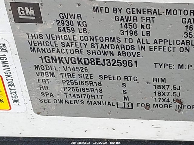 Chevrolet Traverse 1lt 2014 1GNKVGKD8EJ325961 Image 9