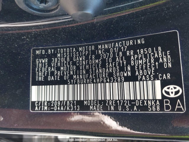 Toyota COROLLA LE 2017 5YFBURHE4HP643289 Image 9