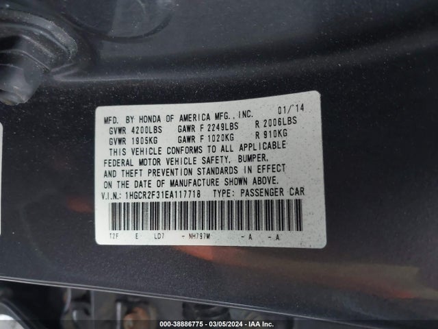Honda ACCORD LX 2014 1HGCR2F31EA117718 Image 9