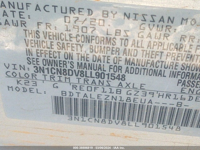 Nissan Versa S Xtronic Cvt 2020 3N1CN8DV8LL901548 Image 9