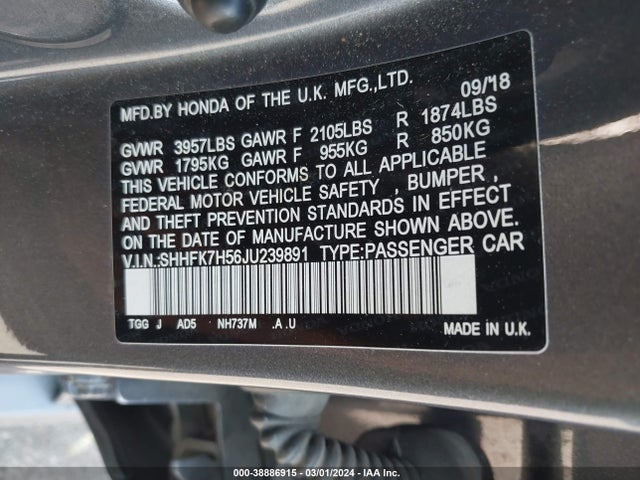 Honda CIVIC EX 2018 SHHFK7H56JU239891 Image 9