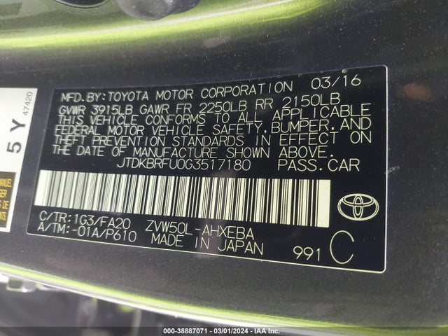 Toyota Prius Two 2016 JTDKBRFU0G3517180 Image 9