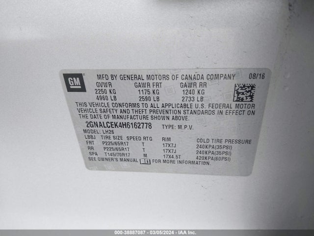 Chevrolet EQUINOX LT 2017 2GNALCEK4H6162778 Image 9