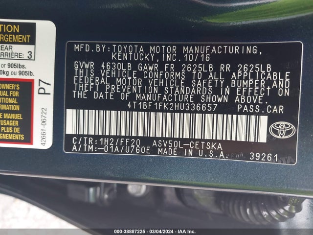 Toyota CAMRY SE 2017 4T1BF1FK2HU336657 Image 9