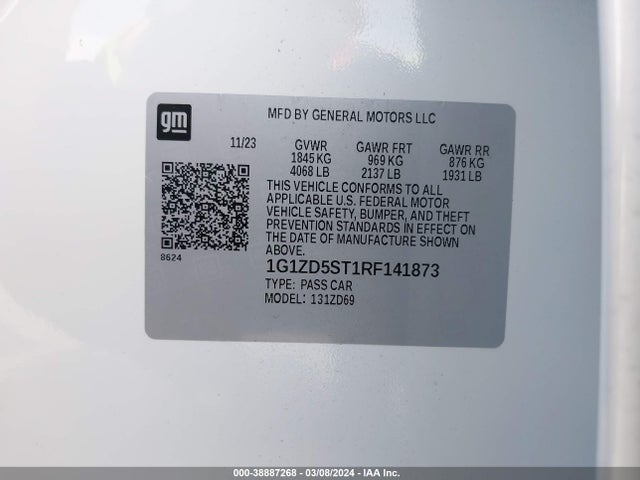 Aukcja sprzedaży 2024 Chevrolet Malibu Fwd 1lt, vin: 1G1ZD5ST1RF141873, numer aukcji: 38887268