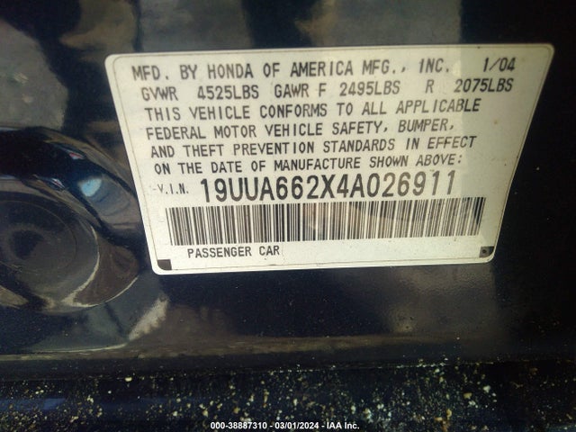 Aukcja sprzedaży 2004 Acura Tl, vin: 19UUA662X4A026911, numer aukcji: 38887310