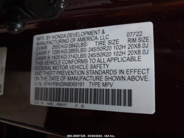 Honda Pilot Awd Special Edition 2022 5FNYF6H29NB069191 Image 9