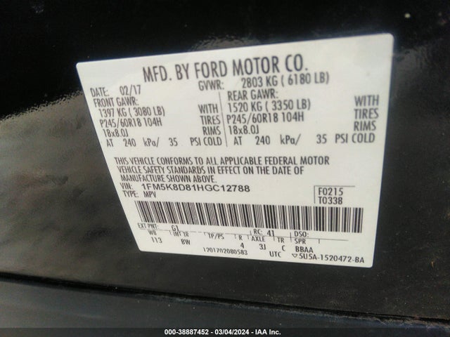 Ford EXPLORER XLT 2017 1FM5K8D81HGC12788 Image 9