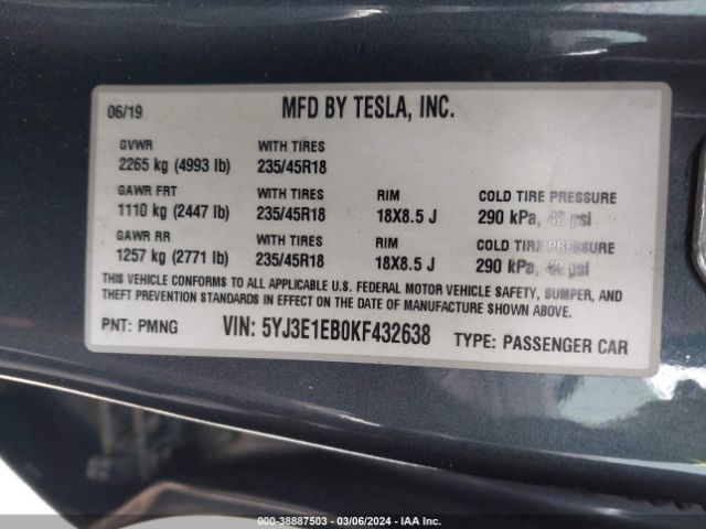 5YJ3E1EB0KF432638 Tesla Model 3 Long Range/performance