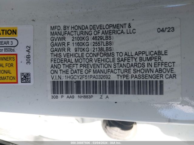 1HGCY2F51PA032692 Honda Accord Hybrid Sport