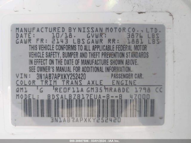 Nissan SENTRA S 2019 3N1AB7APXKY252420 Image 9