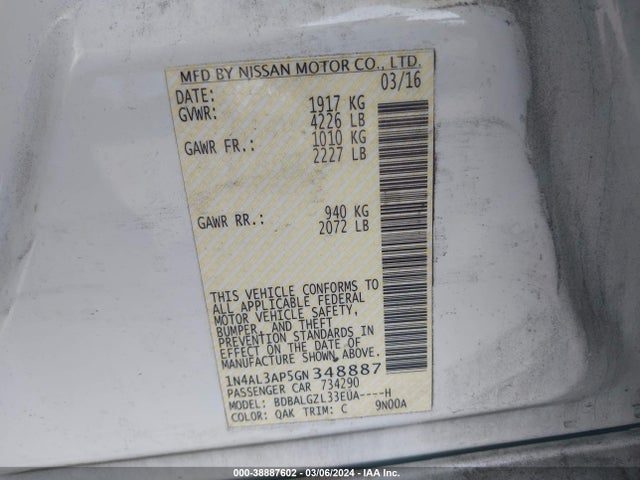 Nissan Altima 2.5 S 2016 1N4AL3AP5GN348887 Image 9
