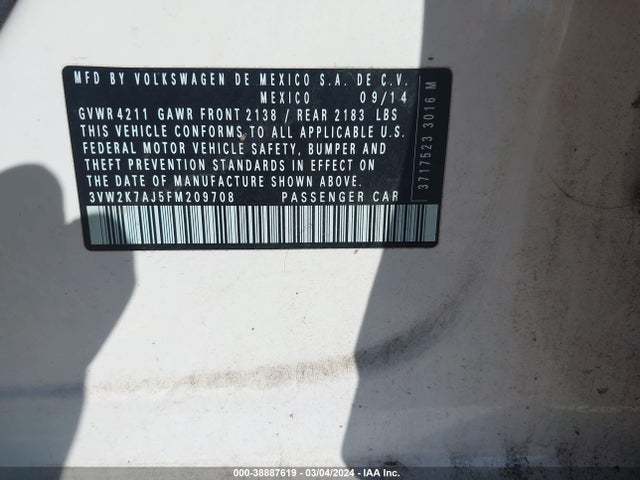 Volkswagen Jetta 2.0l S 2015 3VW2K7AJ5FM209708 Image 9