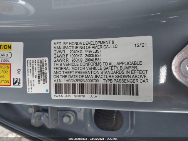 1HGCV3F92NA005709 Honda Accord Hybrid Touring