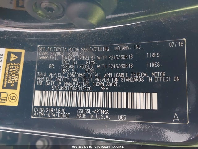 Toyota Highlander Xle V6 2016 5TDJKRFH6GS317420 Image 9