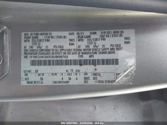 Ford ESCAPE SE 2016 1FMCU9G9XGUB08702 Image 9