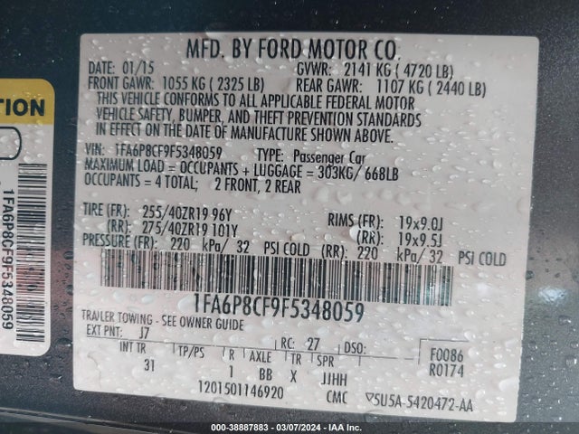 Ford MUSTANG GT 2015 1FA6P8CF9F5348059 Image 9