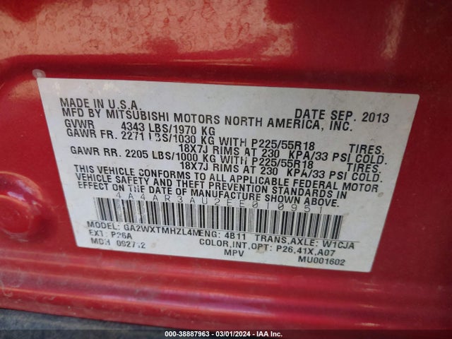 4A4AR3AU2EE010951 Mitsubishi Outlander Sport Es