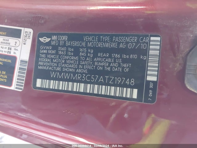 2010 MINI COOPER WMWMR3C57ATZ19748 Photo 8