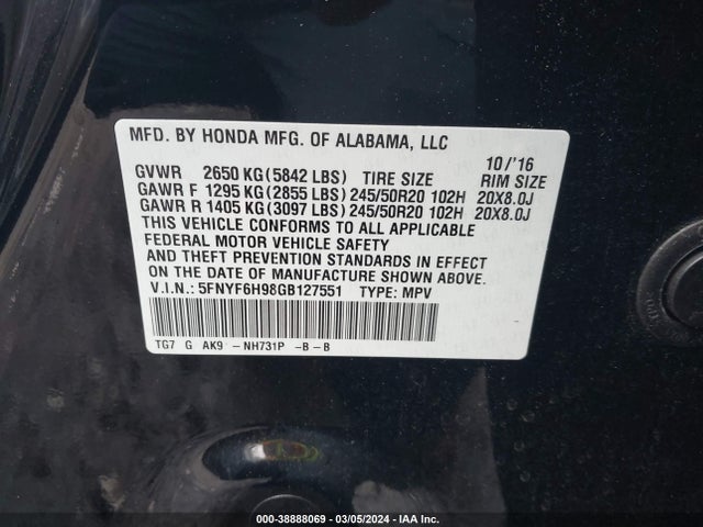 Honda Pilot Touring 2016 5FNYF6H98GB127551 Image 9