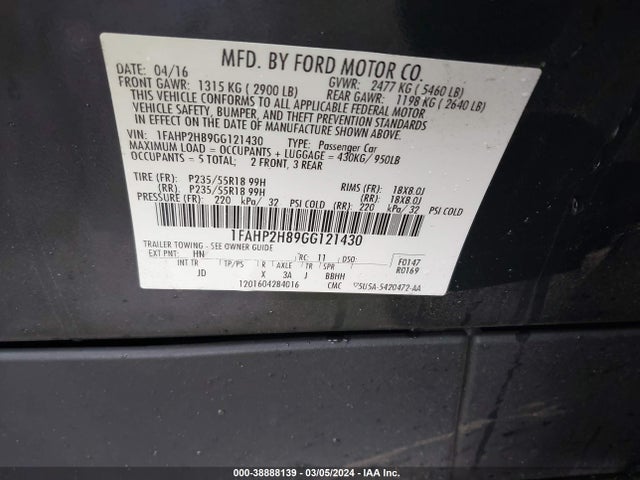 Ford TAURUS SEL 2016 1FAHP2H89GG121430 Image 9