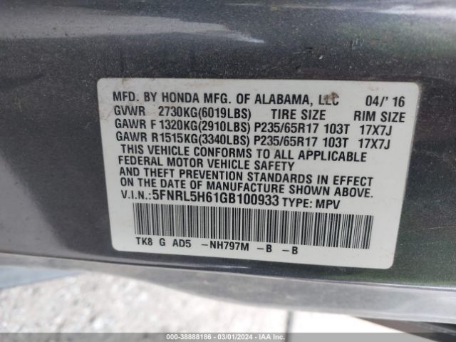 5FNRL5H61GB100933 Honda Odyssey Ex-l
