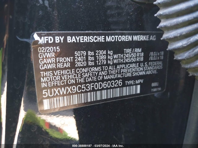 BMW X3 Xdrive28i 2015 5UXWX9C53F0D60326 Image 9