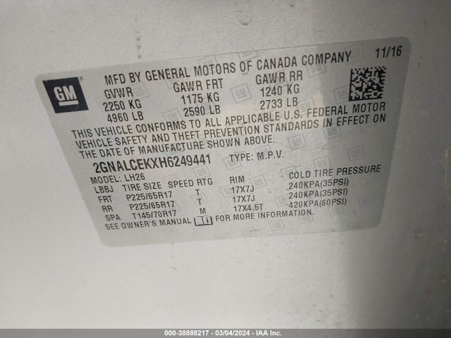 Chevrolet EQUINOX LT 2017 2GNALCEKXH6249441 Image 9