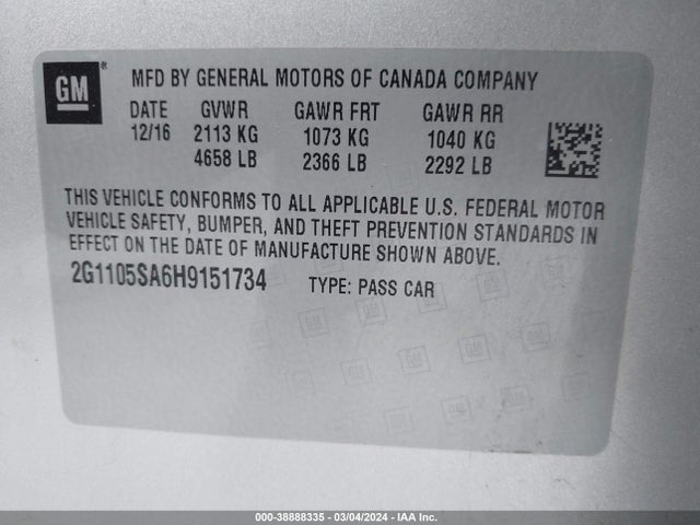 Chevrolet IMPALA 1LT 2017 2G1105SA6H9151734 Image 9