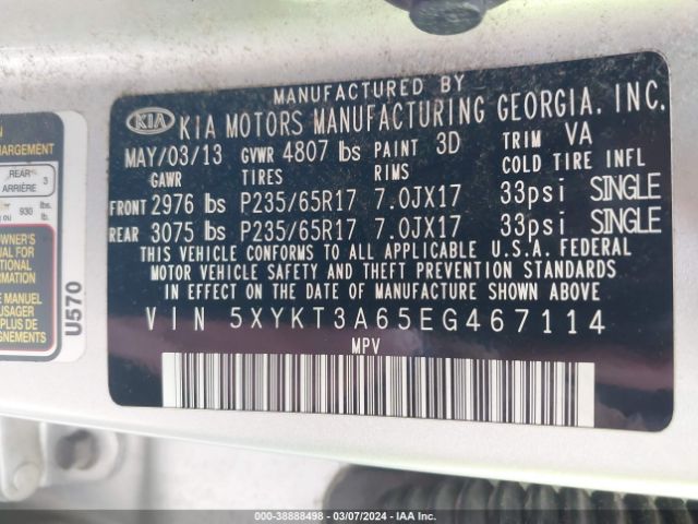 5XYKT3A65EG467114 KIA SORENTO LX