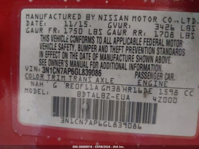 3N1CN7AP6GL839086 Nissan Versa 1.6 S/1.6 S+/1.6 Sl/1.6 Sv