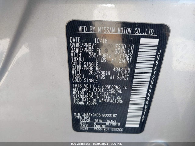 Nissan ARMADA SV 2017 JN8AY2ND5H9003167 Image 9