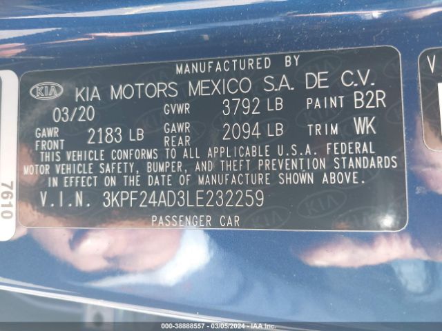 3KPF24AD3LE232259 KIA Forte Lxs