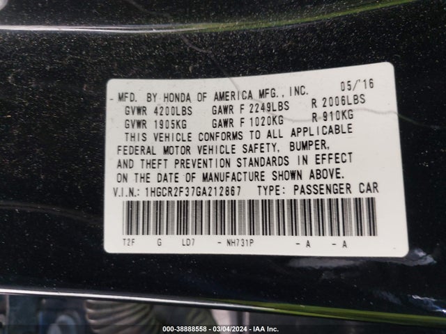Honda ACCORD LX 2016 1HGCR2F37GA212867 Image 9