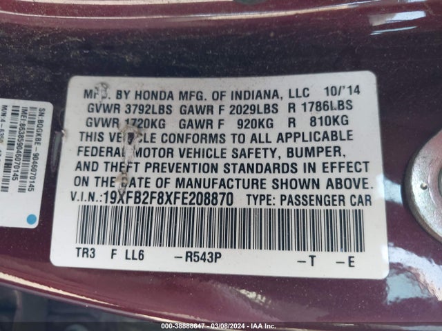 Honda CIVIC EX 2015 19XFB2F8XFE208870 Image 9