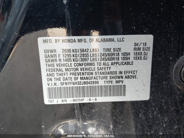 Honda Pilot Ex 2018 5FNYF6H32JB042899 Image 9