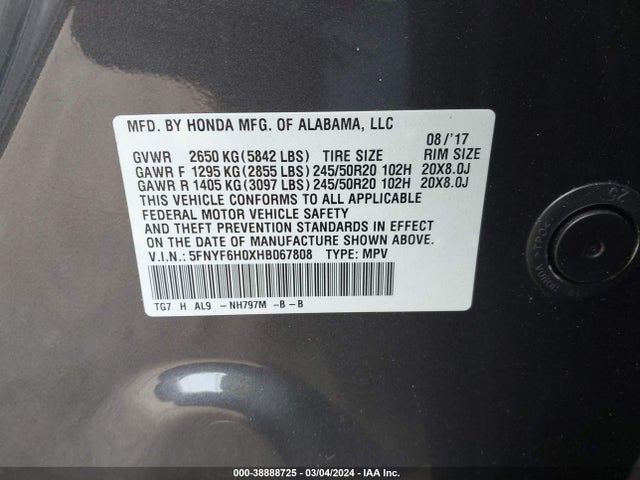 Honda Pilot Elite 2017 5FNYF6H0XHB067808 Image 9